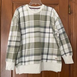Royce Plaid Olive Green and White/Cream Soft Sweatshirt, Side Slits, Size Medium
